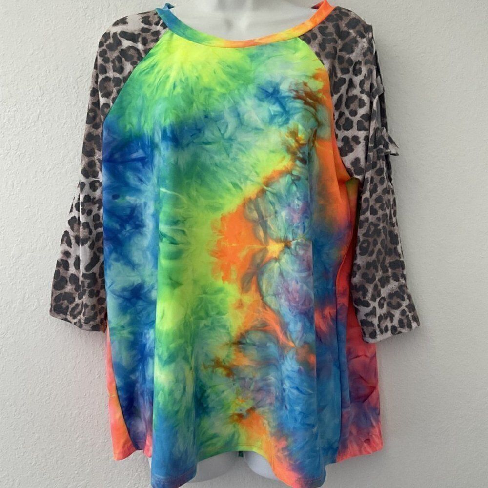 Lilypad Neon Tie Dye Boho Top With Leopard Lattice Sleeves Large